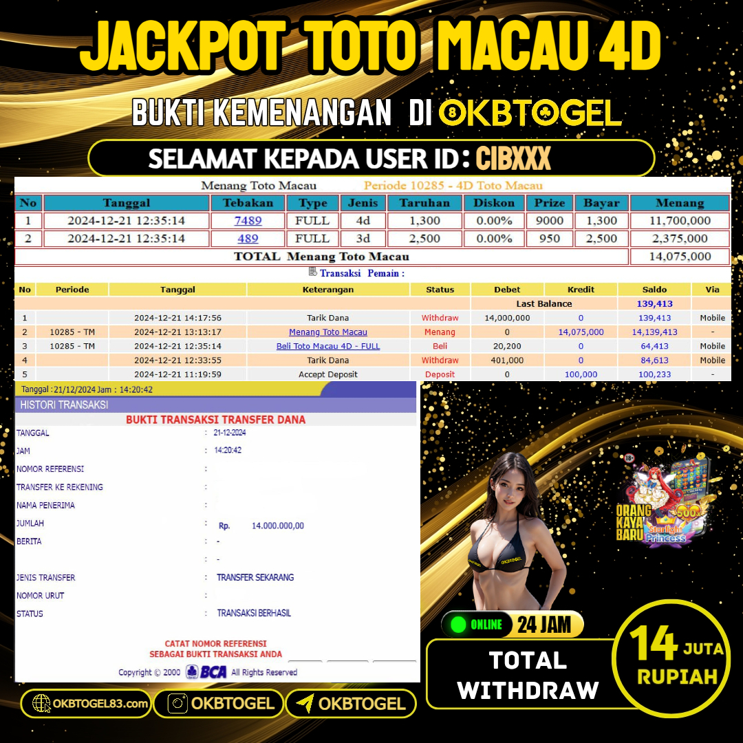 OKBTOGEL JACKPOT TOGEL TOTO MACAU 4D  RP.14.000.000,-  LUNAS USER ID CIB***