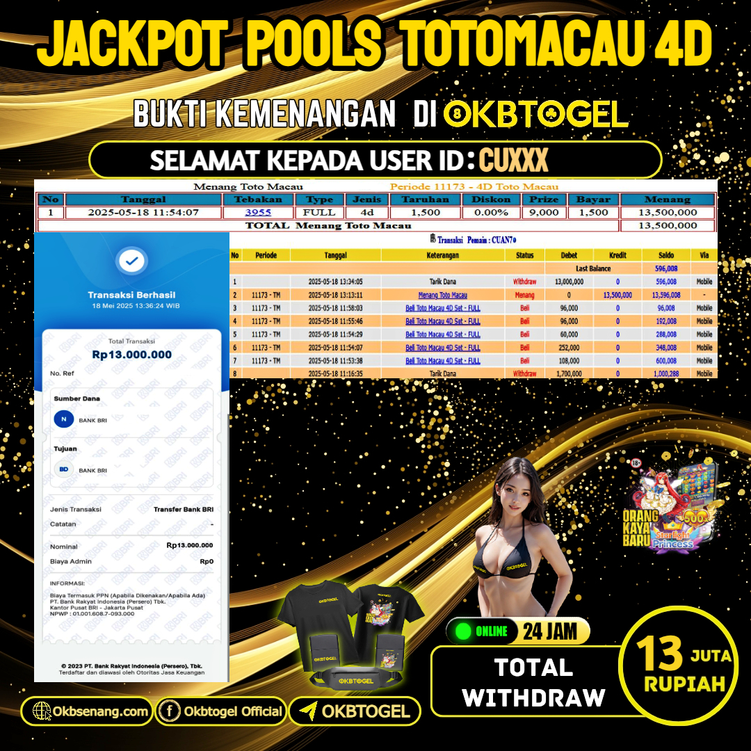 OKBTOGEL JACKPOT TOGEL TOTOMACAU 4D Rp.13.000.000,-LUNAS USER ID CU***