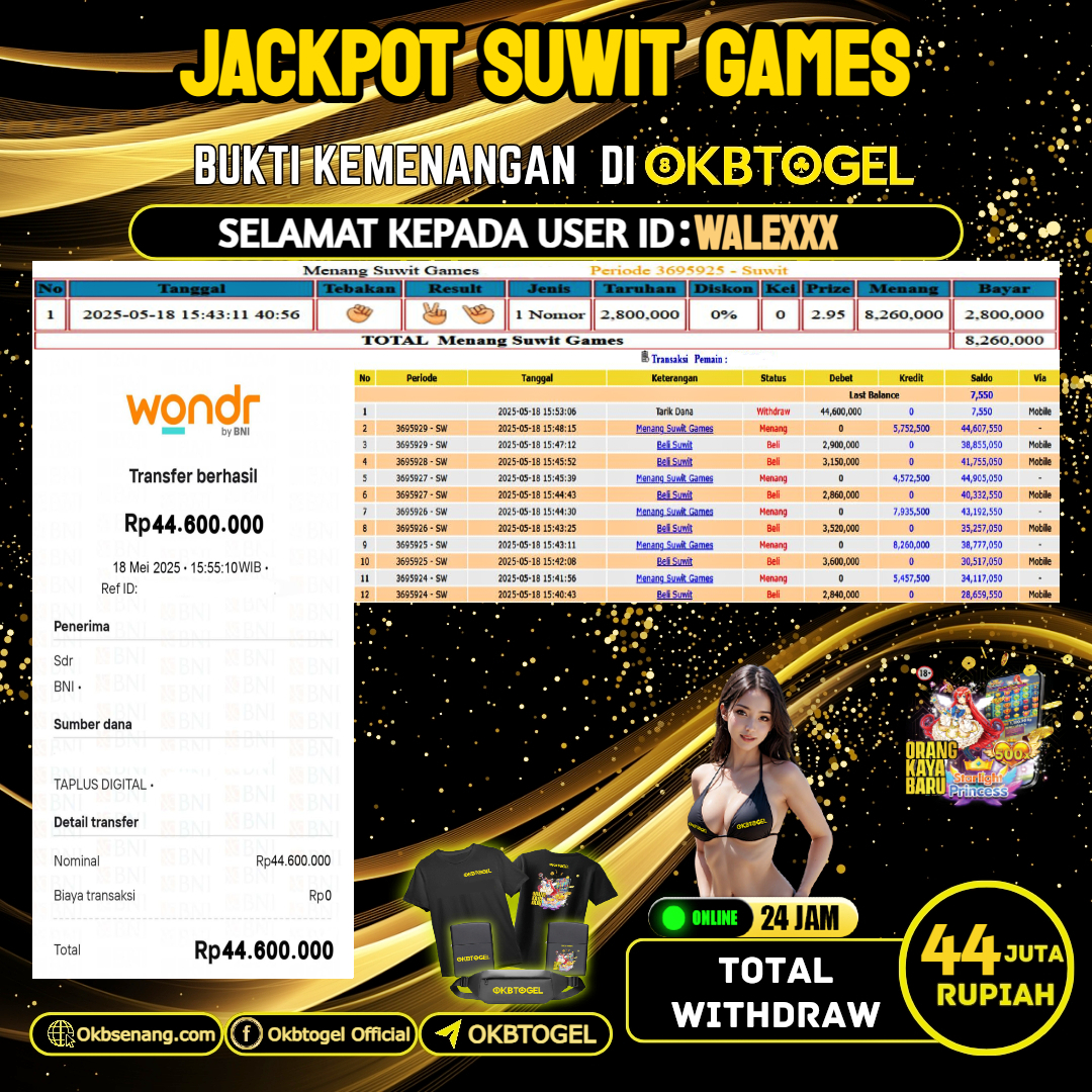 OKBTOGEL JACKPOT SUWIT GAMES Rp.44.000.000,-LUNAS USER ID WALE***