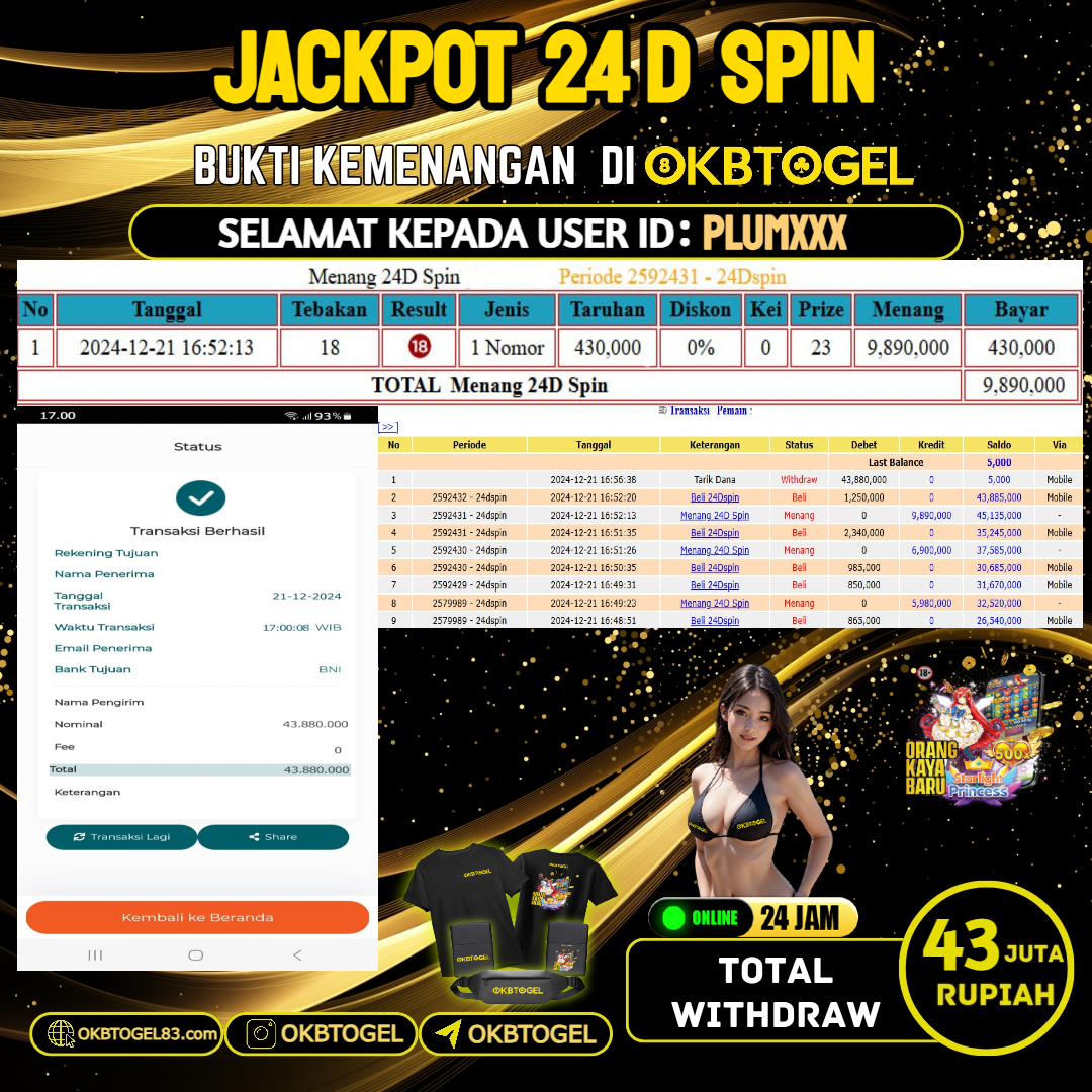 OKBTOGEL JACKPOT 24D SPIN  RP.43.000.000,- LUNAS USER ID PLUM***