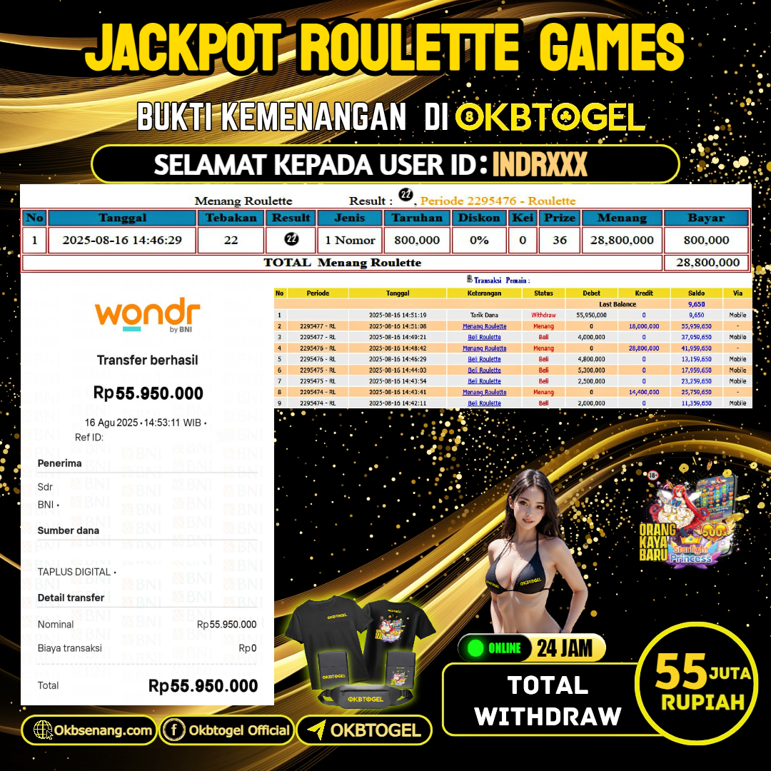 OKBTOGEL JACKPOT ROULETTE GAMES Rp.55.000.000,-LUNAS USER ID INDR***