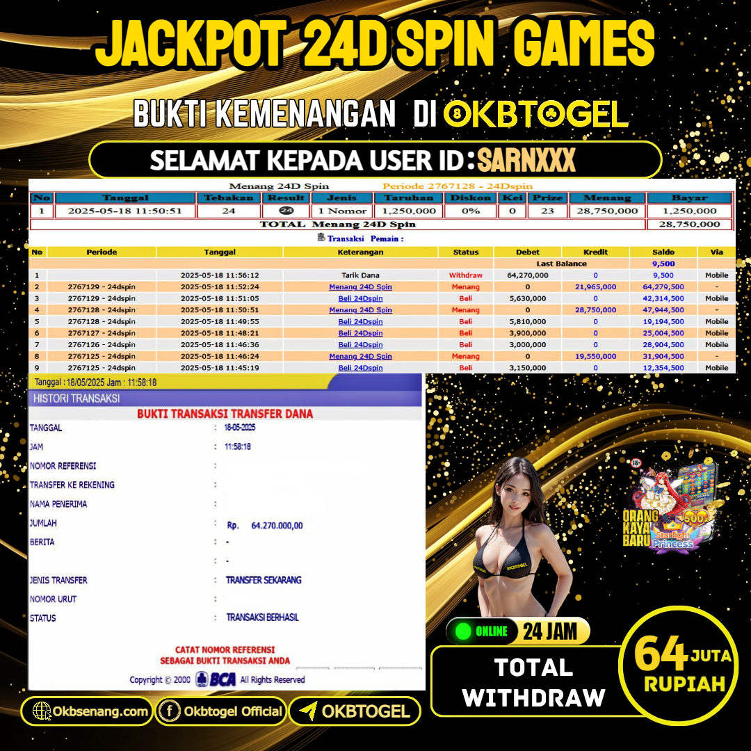 OKBTOGEL JACKPOT 24D SPIN GAMES Rp.64.000.000,-LUNAS USER ID SARN***