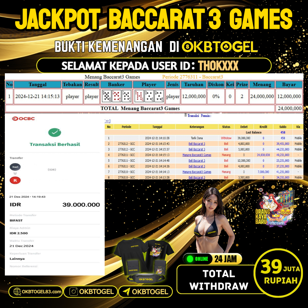 OKBTOGEL JACKPOT BACCARAT 3 GAMES  RP.39.000.000,- LUNAS USER ID THOK***