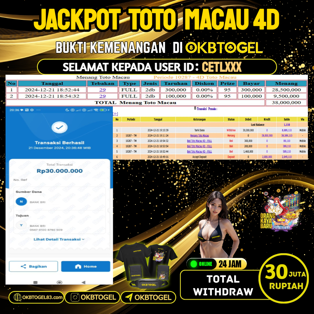 OKBTOGEL JACKPOT TOGEL TOTO MACAU 4D  RP.30.000.000,-  LUNAS USER ID CETL***