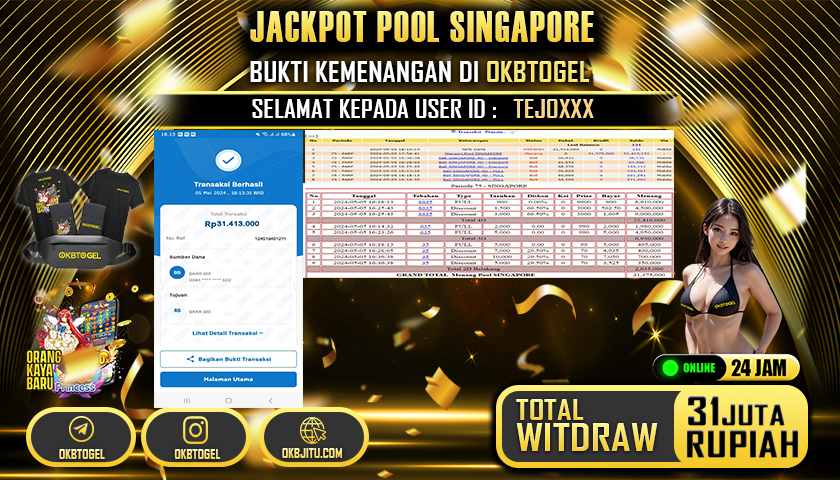 OKBTOGEL JACKPOT POOL SINGAPORE RP. 31.000.000,- LUNAS USER  ID TEJO***