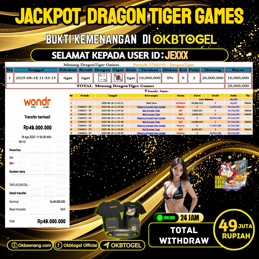 OKBTOGEL JACKPOT DRAGON TIGER GAMES Rp.49.000.000,-LUNAS USER ID JE***