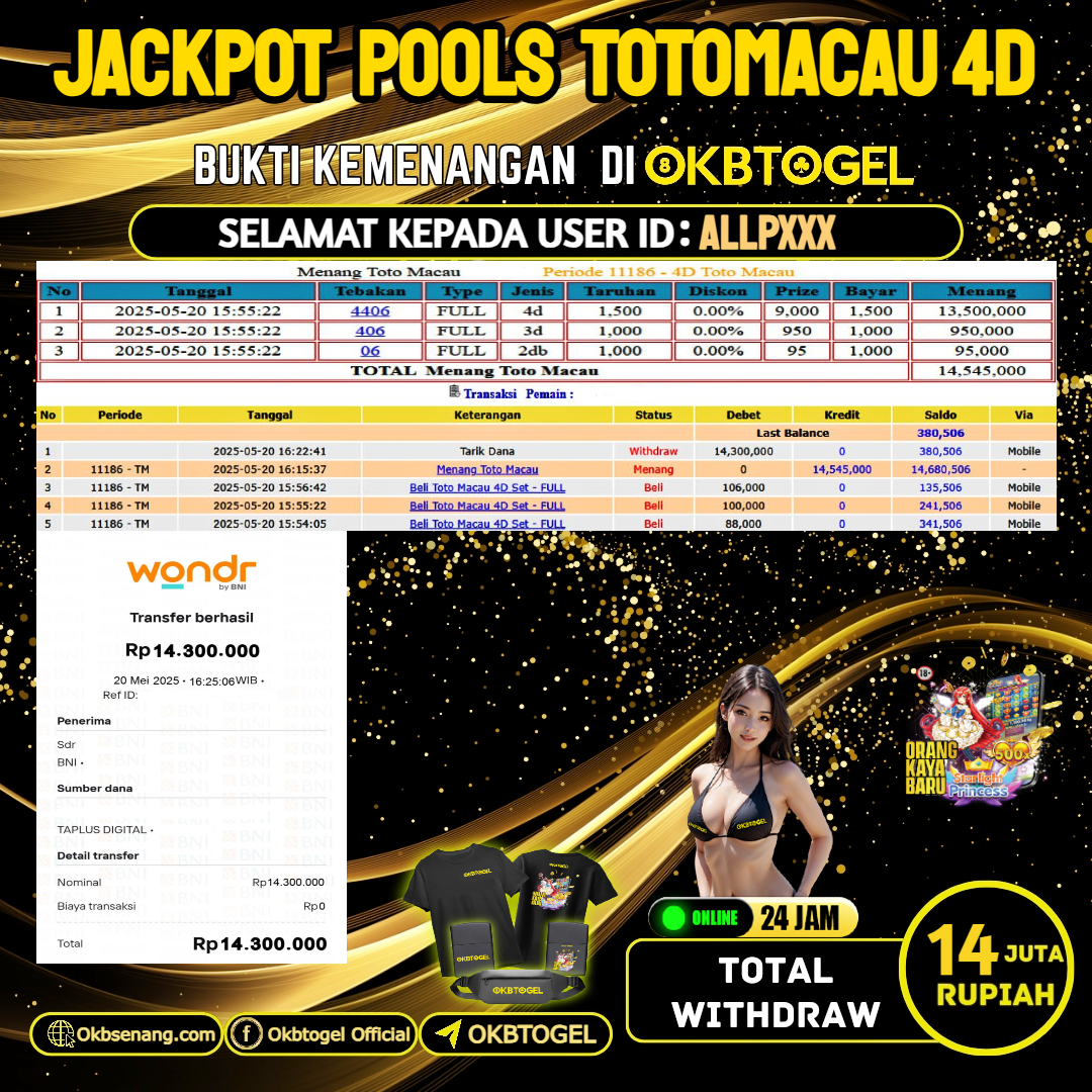 OKBTOGEL JACKPOT TOGEL TOTOMACAU 4D Rp.14.000.000,-LUNAS USER ID ALLP***
